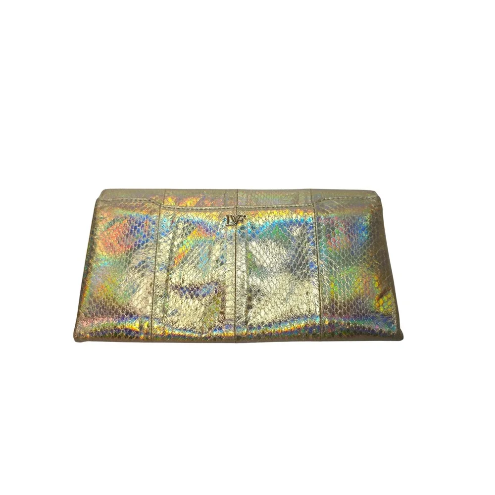 Diane von Furstenberg Gold Holographic Snakeskin Clutch Bag Evening Envelope